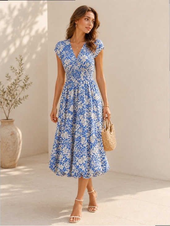 Current Air Dresses & Skirts - Current Air Blue White Floral Balloon Hem Midi Dress Smocked Waist Pockets Sz M